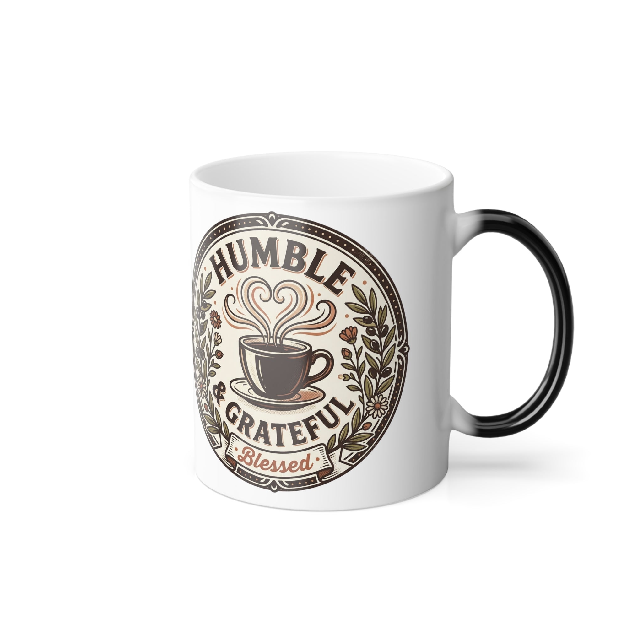 Color-Morphing Coffee Mug – "Humble & Grateful" Vintage Coffee Badge, 11 oz