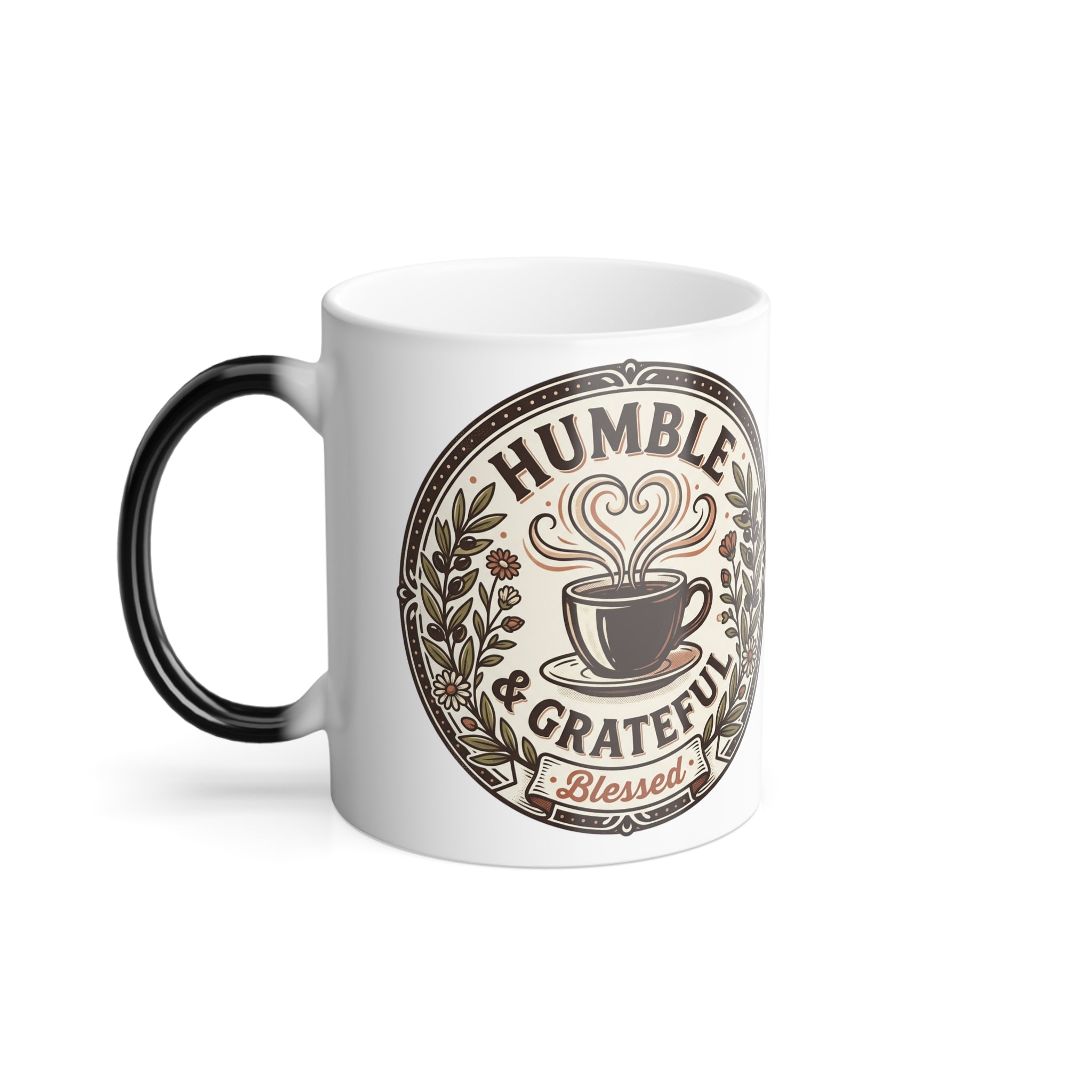 Color-Morphing Coffee Mug – "Humble & Grateful" Vintage Coffee Badge, 11 oz