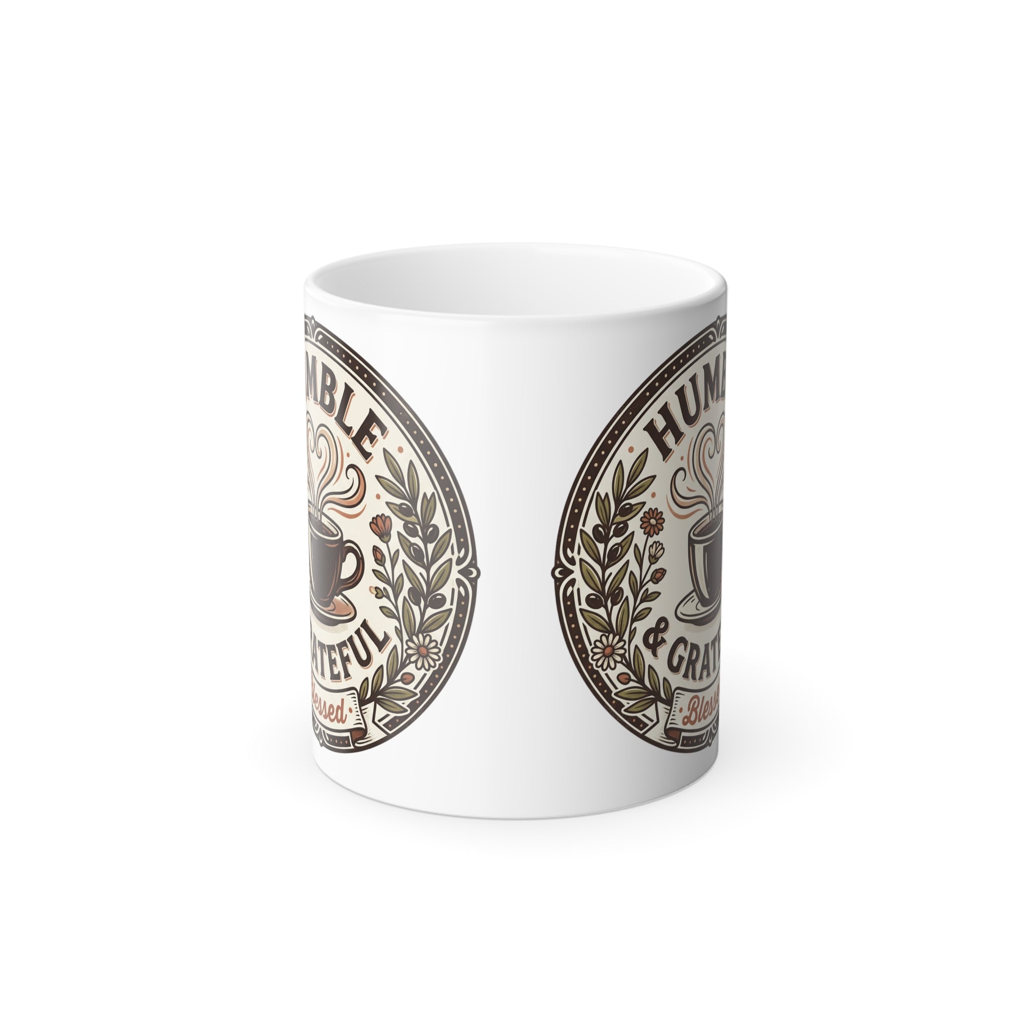 Color-Morphing Coffee Mug – "Humble & Grateful" Vintage Coffee Badge, 11 oz