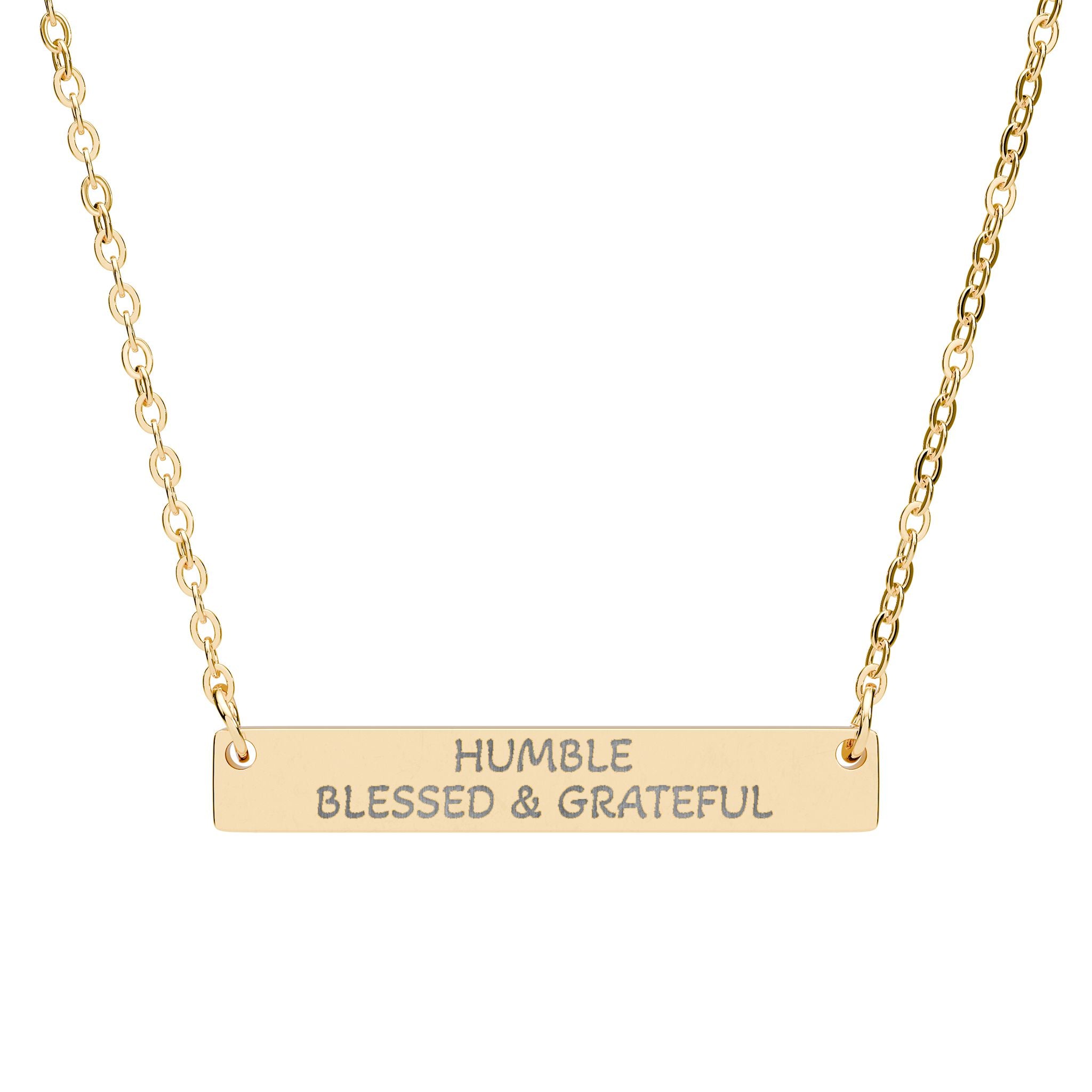 Engraved Horizontal Bar Necklace — "Humble Blessed & Grateful" Gold Pendant